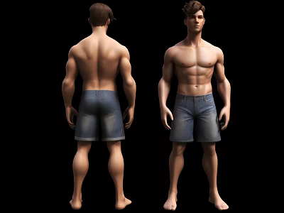 Shirtless Muscular Man In Denim Shorts Showing Front And Back Views 3d model