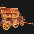 Wooden Carriage Featuring House like Structure Red Roof Windows and Wheels