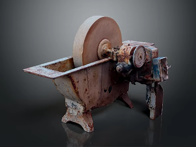 Rusty Vintage Grinding Machine With Metal Wheel And Mechanical Base 3d model