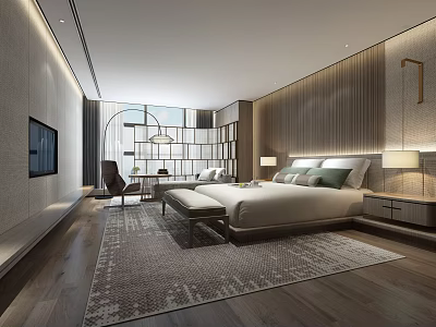 Modern Hotel Guest Room Interior With King Bed Wooden Accents And Area Rug 3d model