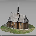 Wooden Church Building With Spire Sloped Roof Walls Windows And Grass Surroundings