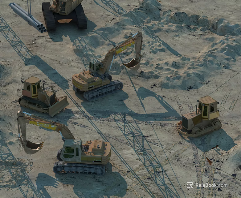 Multiple Heavy Duty Construction Vehicles Working At Construction Site With Excavators And Bulldozers 3d model 