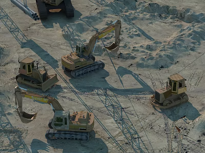 Multiple Heavy Duty Construction Vehicles Working At Construction Site With Excavators And Bulldozers 3d model