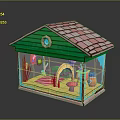 Small Colorful House with Green Exterior Pink Tiled Roof Transparent Windows and Playful Interior