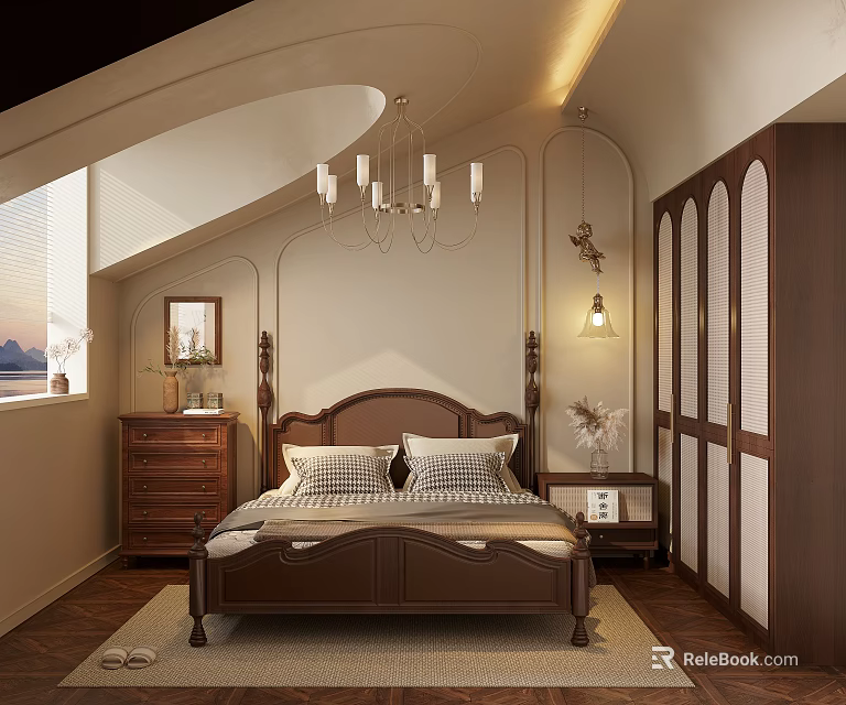 Cozy Attic Bedroom With Sloped Ceiling Chandelier Wooden Bed Wardrobe And Nightstand 3d model 