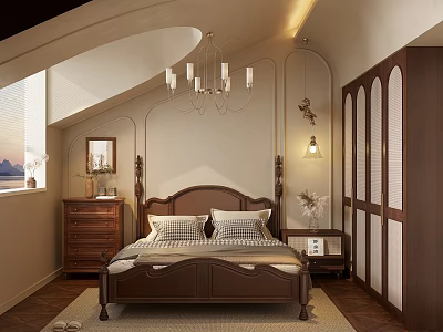 Cozy Attic Bedroom With Sloped Ceiling Chandelier Wooden Bed Wardrobe And Nightstand 3d model