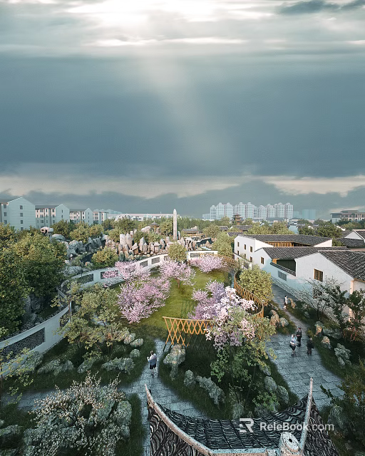Traditional Garden Landscape Featuring Pink Blossoms Green Trees Traditional Architecture And Pathways 3d model 