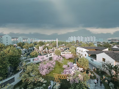 Traditional Garden Landscape Featuring Pink Blossoms Green Trees Traditional Architecture And Pathways 3d model