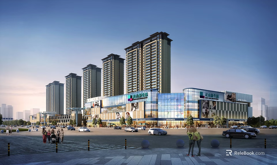 Modern Commercial Street Featuring Shopping Mall High rise Buildings Glass Facade And Pedestrians 3d model 