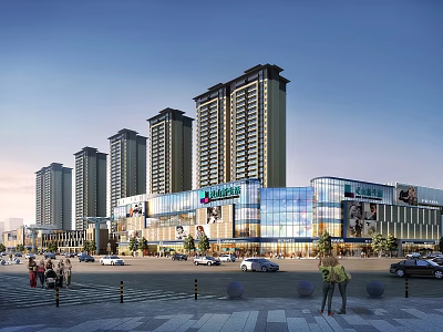 Modern Commercial Street Featuring Shopping Mall High rise Buildings Glass Facade And Pedestrians 3d model