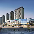 Modern Commercial Street Featuring Shopping Mall High rise Buildings Glass Facade And Pedestrians