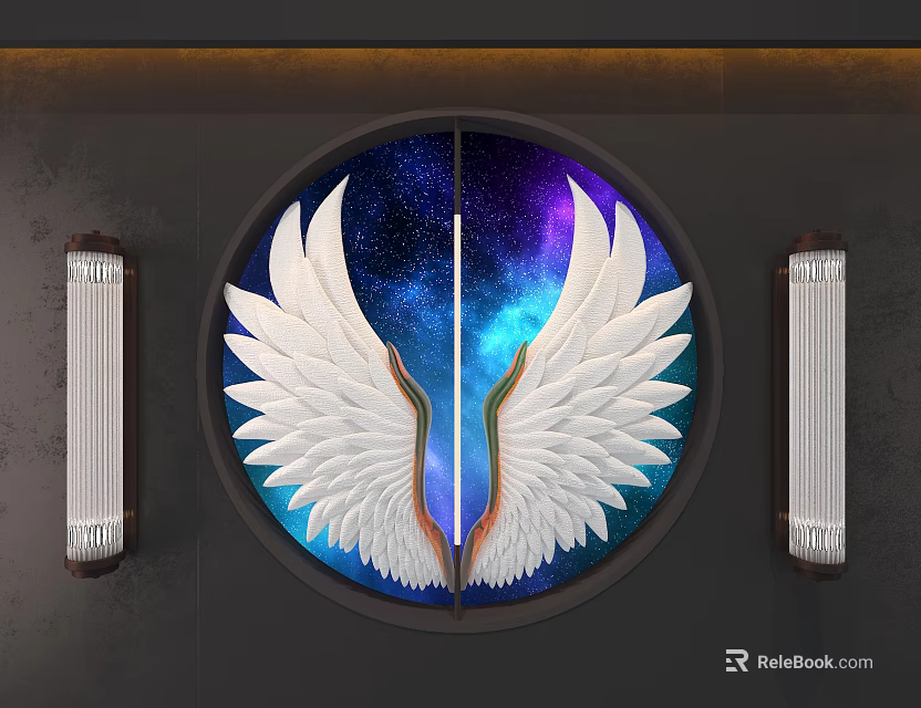 Circular Wall Hanging With White Wings Design And Starry Sky Background 3d model 
