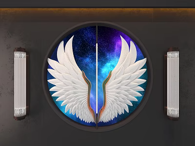 Circular Wall Hanging With White Wings Design And Starry Sky Background 3d model