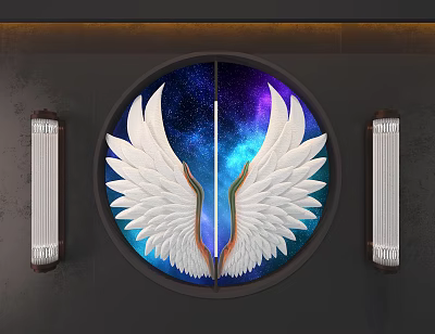 Circular Wall Hanging With White Wings Design And Starry Sky Background 3d model