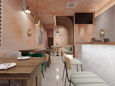 Warm Restaurant Interior With Wooden Tables Colorful Chairs Orange Walls And Bar Counter 3d model