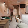 Warm Restaurant Interior With Wooden Tables Colorful Chairs Orange Walls And Bar Counter