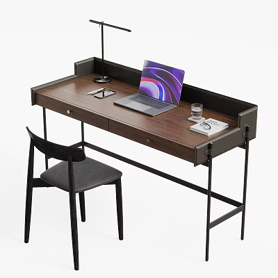 Modern Wooden Desk with Laptop Glass Notebook and Table Lamp 3d model