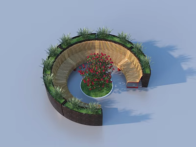 Circular Wooden Landscape Seating With Surrounding Green Plants And Central Red Flowers 3d model