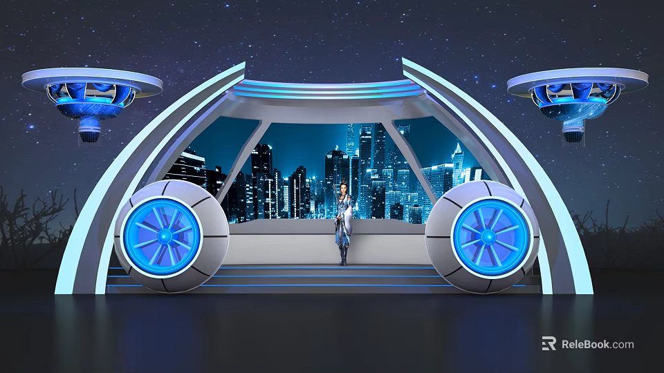 Futuristic Setting With Curved Arches Blue Lighting Circular Devices Cityscape And Figure 3d model 