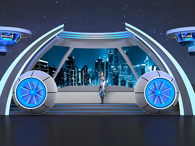 Futuristic Setting With Curved Arches Blue Lighting Circular Devices Cityscape And Figure 3d model