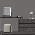 Modern Dressing Table With Lighted Mirror White Stool Table Lamp And Textured Drawers 3d model