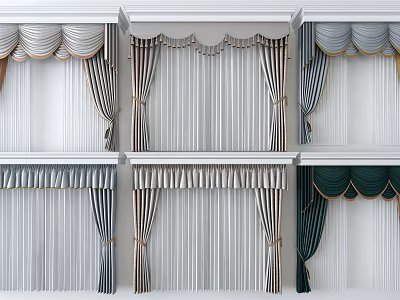 Various Stylish Curtains with Pleated Design Decorative Valances and Colorful Fabric 3d model