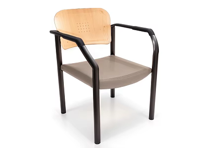 Modern Leisure Chair With Wooden Perforated Backrest Black Metal Armrests And Light Gray Padded Seat 3d model
