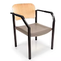 Modern Leisure Chair With Wooden Perforated Backrest Black Metal Armrests And Light Gray Padded Seat