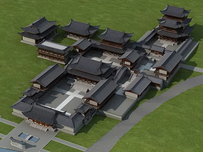 Traditional Chinese Ancient Architecture Complex With Symmetrical Layout Black Tiled Roofs And Courtyard Design 3d model