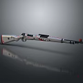 Silver And Red Accented Rifle With Long Barrel Scope And Reflection On Gray Background 3d model