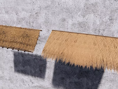 Two Thatch Roof Garden Ornament Structures Against Rough Gray Wall With Shadows 3d model