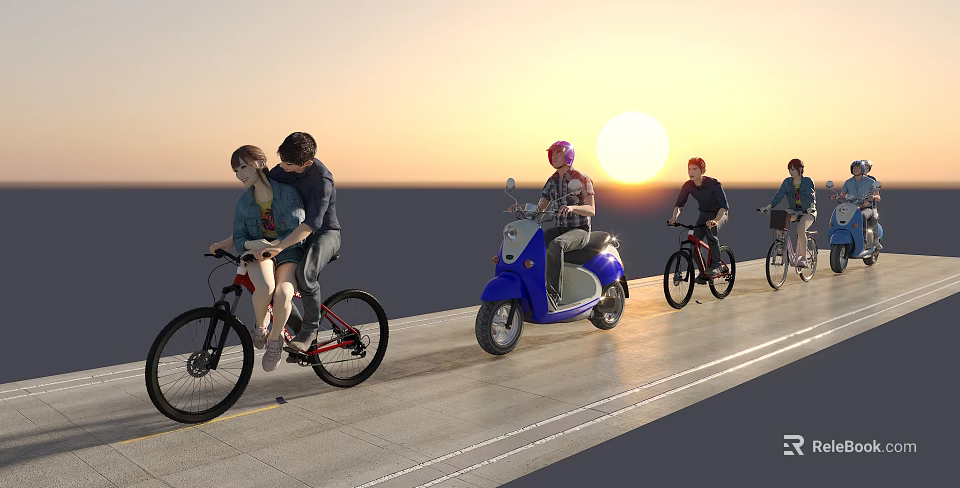 Group of People Riding Bicycles and Scooters on Road During Sunset 3d model 