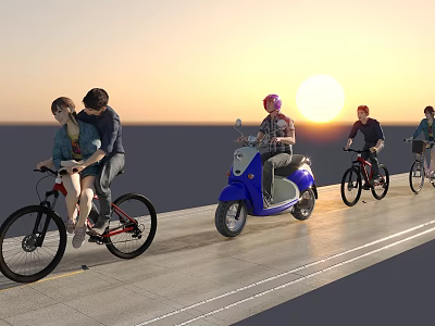 Group of People Riding Bicycles and Scooters on Road During Sunset 3d model