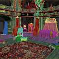 Cartoon Cave Interior Scene With Green Vines Stone Structures Blue Yellow Curtains And Colorful Carpet