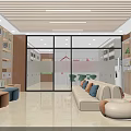 Modern Service Reception Area With Wooden Decor Sofa Bookshelves And Glass Windows