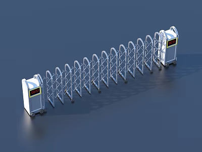 Electric Retractable Gate With Silver Arc Shaped Bars White Control Boxes And Display Screens 3d model