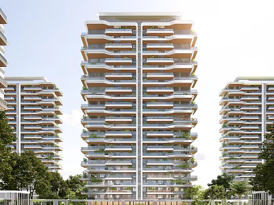 Modern High Rise Residential Building Exterior With Balconies And Surrounding Greenery 3d model