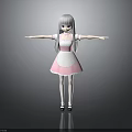 3D Model Girl With Gray Hair Pink Dress White Apron Arms Outstretched Gray Background Reflection