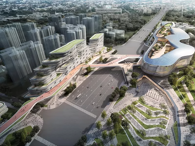 Bird's Eye View Urban Planning with Modern Skyscrapers Curved Buildings Road Interchange and Green Spaces 3d model