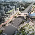 Bird's Eye View Urban Planning with Modern Skyscrapers Curved Buildings Road Interchange and Green Spaces