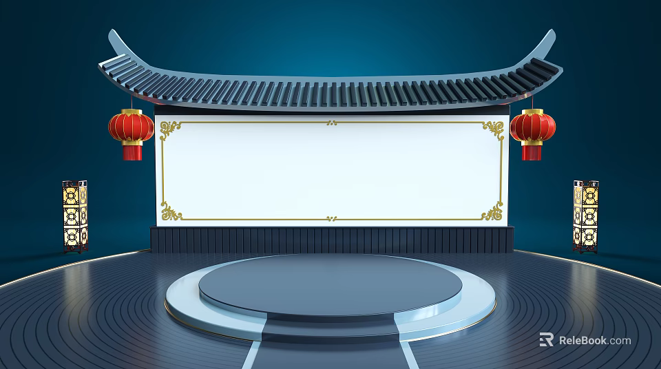 Chinese Style Display Scene With Traditional Roof Red Lanterns Blank Plaque And Circular Platform 3d model 