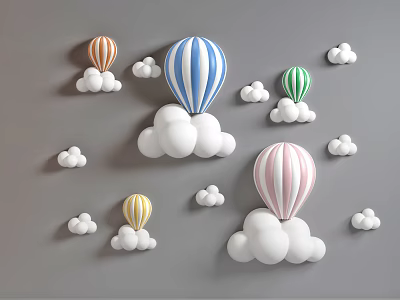 Colorful Hot Air Balloons And White Clouds Wall Decor For Kids Room 3d model