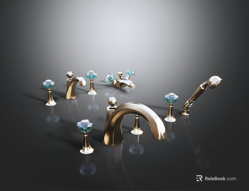 Multiple Golden Faucets With Blue Gemstone Decorations And Elegant Design 3d model