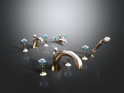 Multiple Golden Faucets With Blue Gemstone Decorations And Elegant Design 3d model