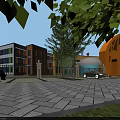 Modern Multilevel School Building With Green Lawns Trees And Circular Entrance Plaza
