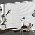 Modern Venetian Blinds in Living Room with Large Window Armchair Potted Plant and Wooden Floor