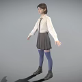 A Woman Wearing White Shirt Tie Gray Pleated Skirt Blue Thigh High Socks And Boots