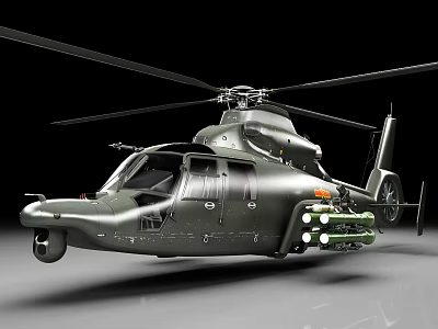 Dark Green Military Helicopter With Rotors And Weapon Systems In Flight 3d model