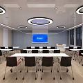 School Classroom With Long Tables Red Black Chairs Large Windows Sunset View Circular Pendant Lights