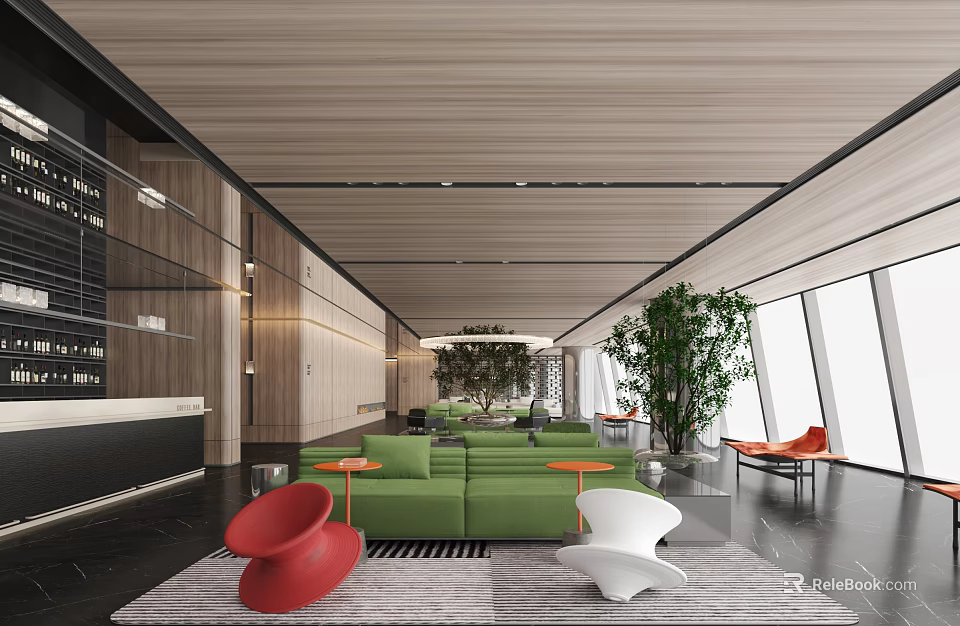 Modern Lounge Area Interior With Green Sofas Red White Chairs Large Windows And Plants 3d model